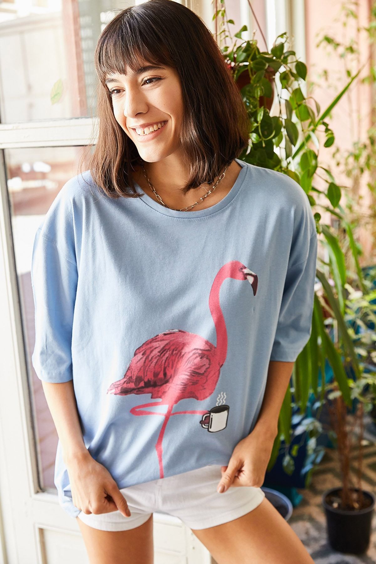 Olalook Kadın Bebe Mavi Flamingo Boyfreind Tişört TSH-19000536