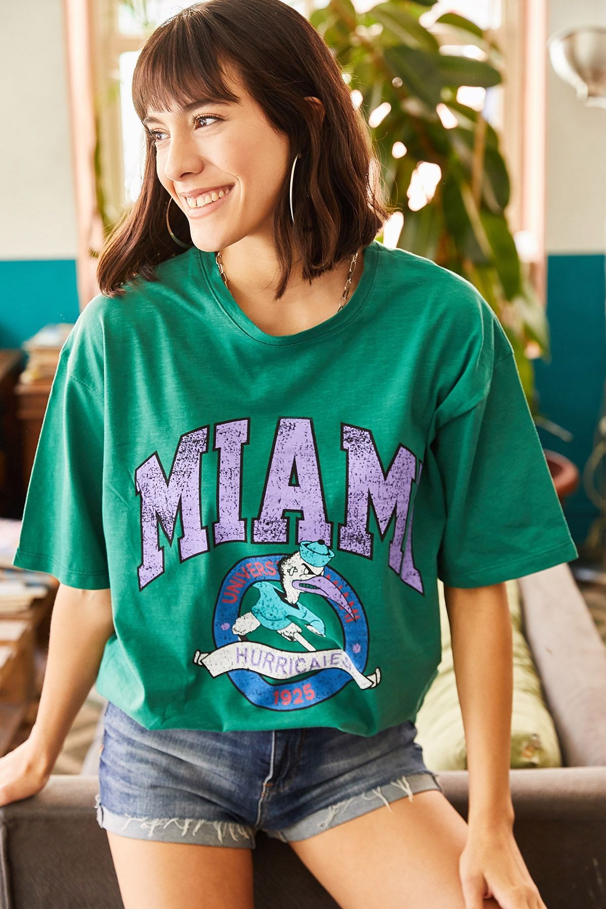 Olalook Kadın Yeşil Miami Baskılı Tişört TSH-19000529