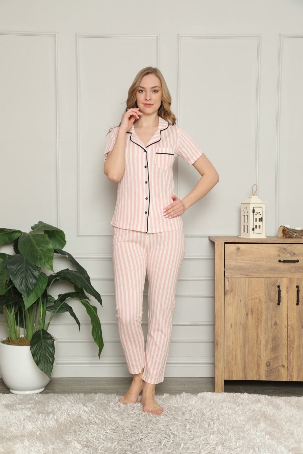 Nisa Giyim & Çocuk Kadın Pembe Çizgili Kısa Kollu Pijama Takımı