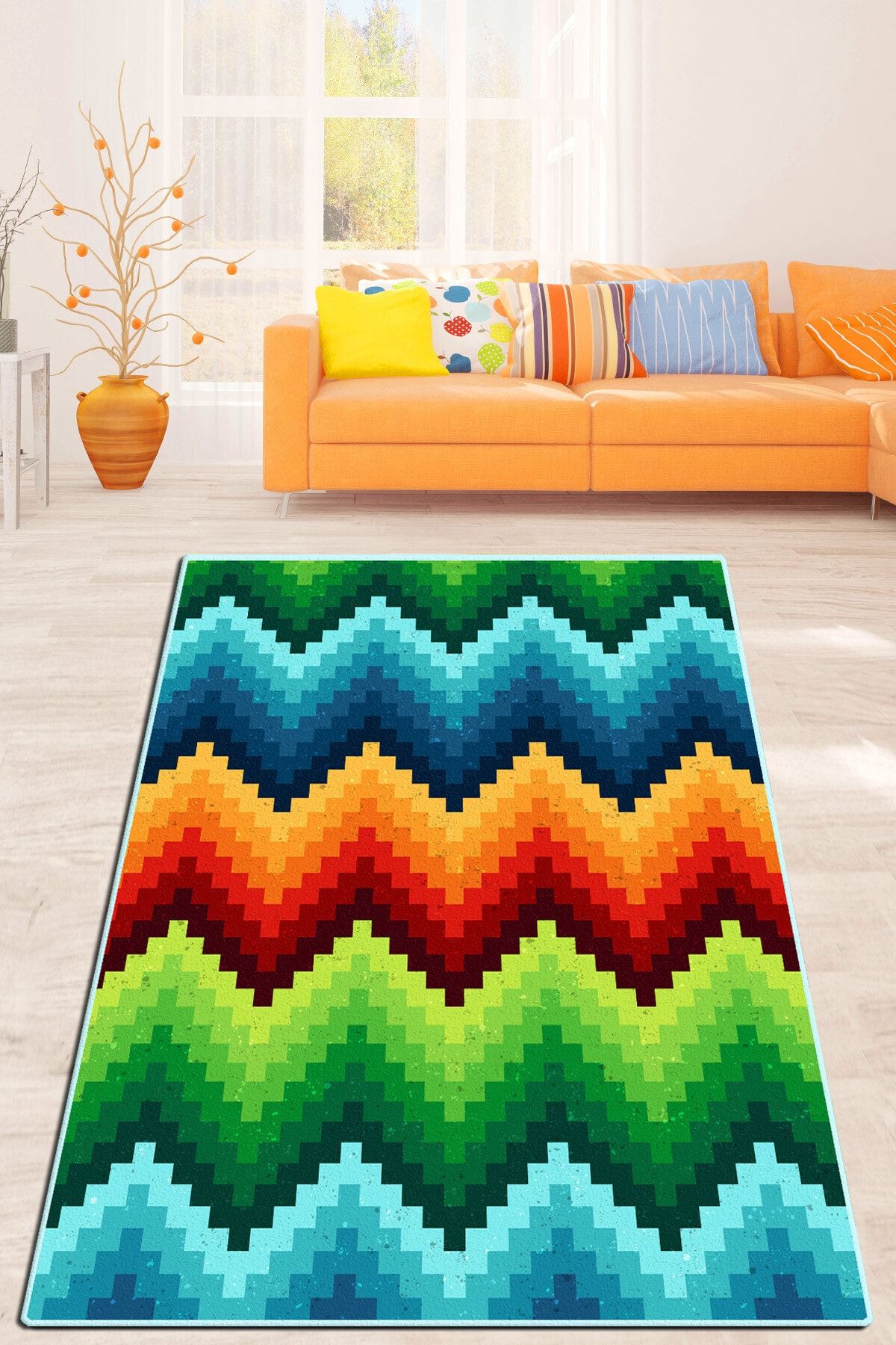 Chilai Home Color Pixel Djt Mavi Dekoratif Modern Tasarım Yıkanabilir Kaymaz Taban Halı Yolluk