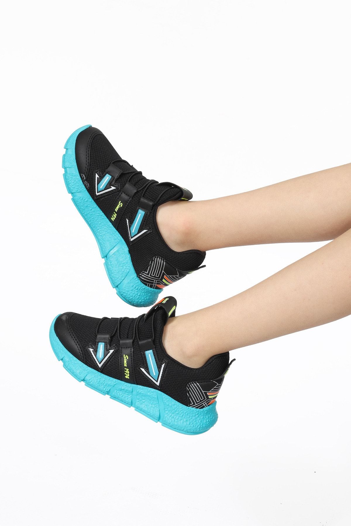 Pukka Collection Unisex Çocuk Siyah Turkuaz Bağcıksız Spor Ayakkabı