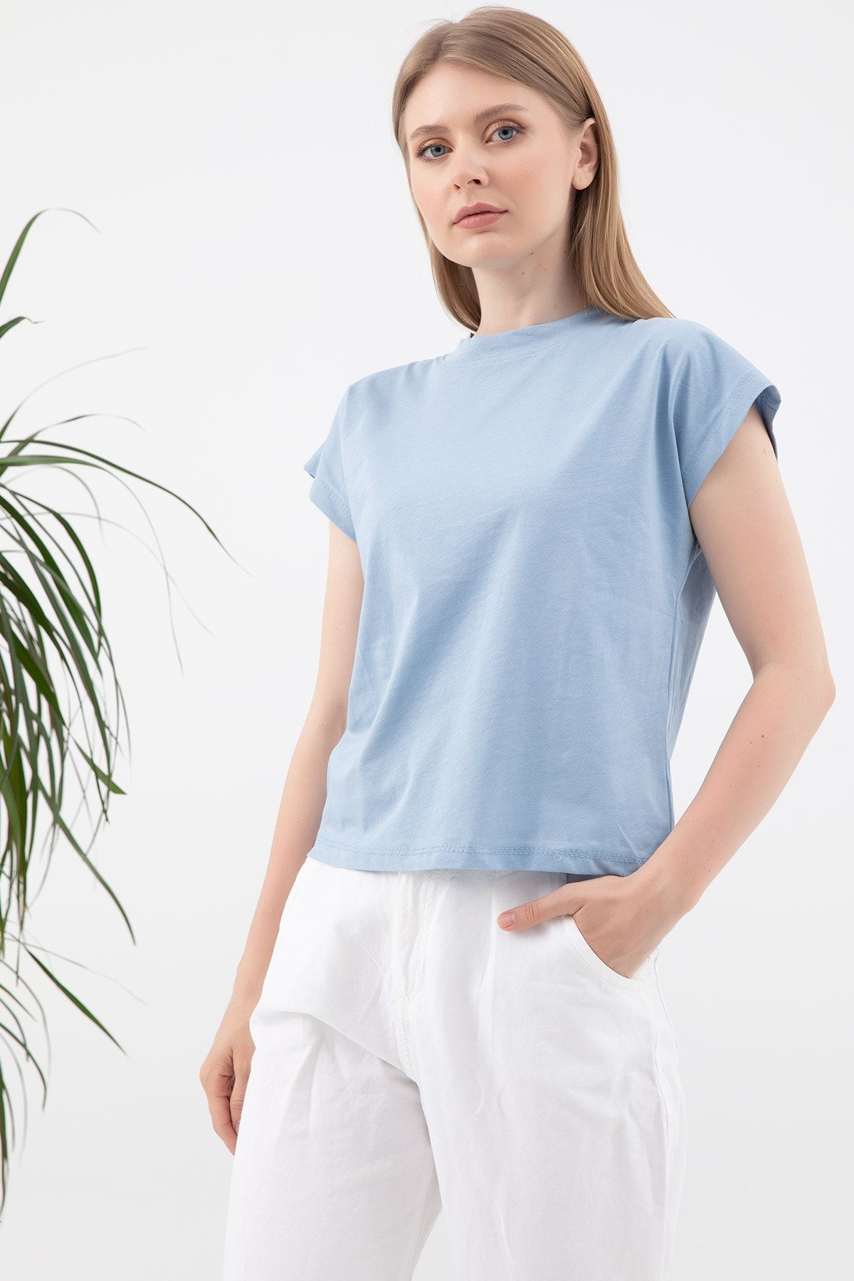 D-Paris Kadın Mavi Sıfır Yaka T-shirt