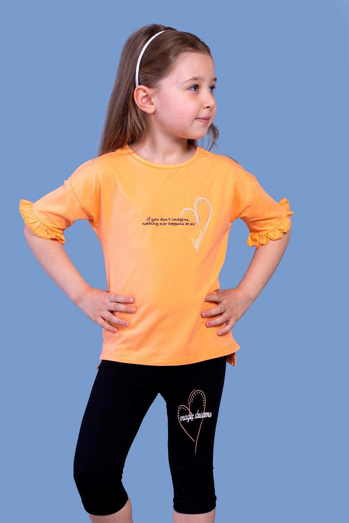 Toontoy Kız Çocuk Turuncu Düşük Kol Büzgü Detaylı Baskılı Taytlı Takım
