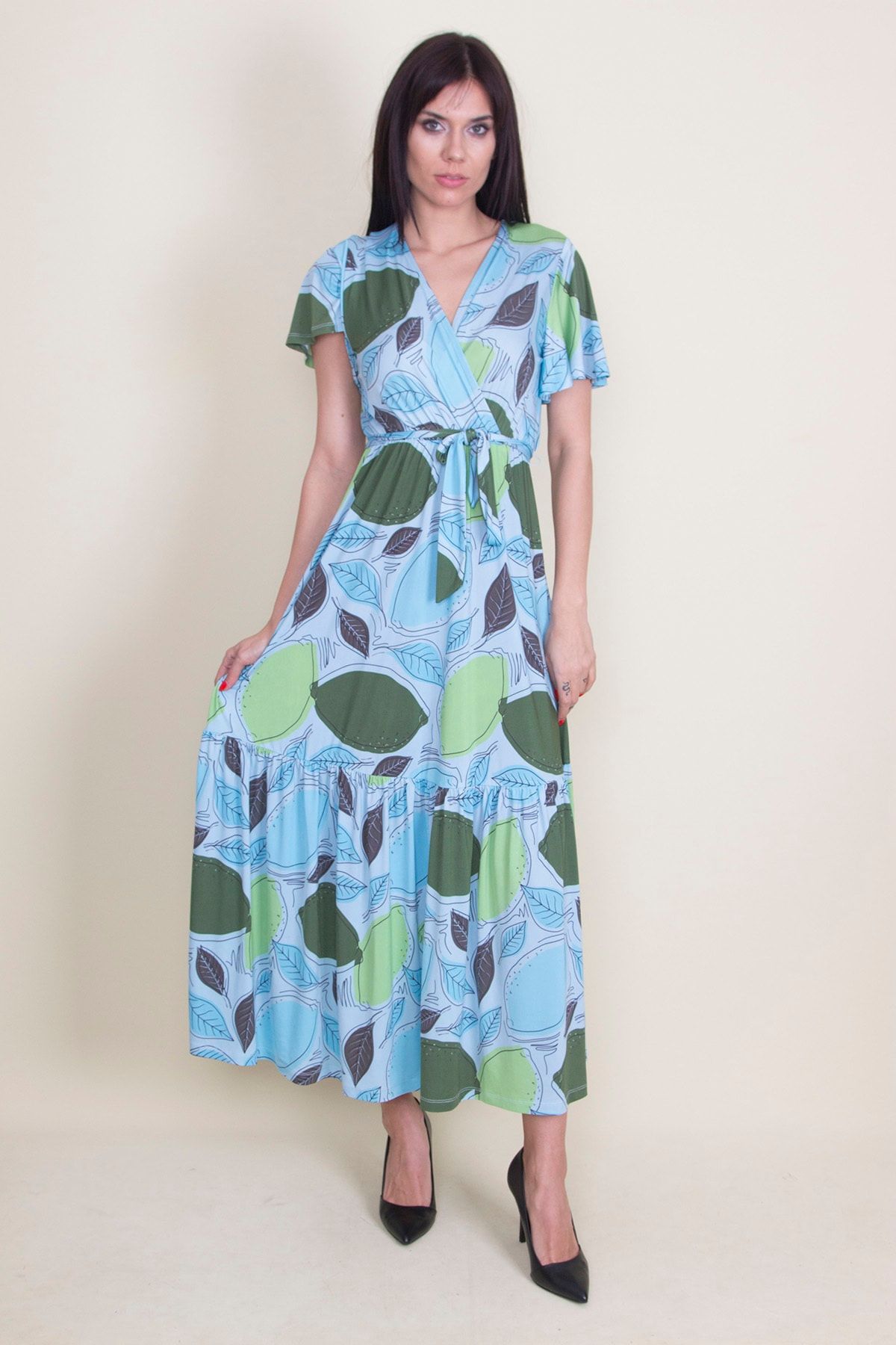 Şans Tekstil Anvelop Yakalı Çiçek Desenli Uzun Elbise 85n5636
