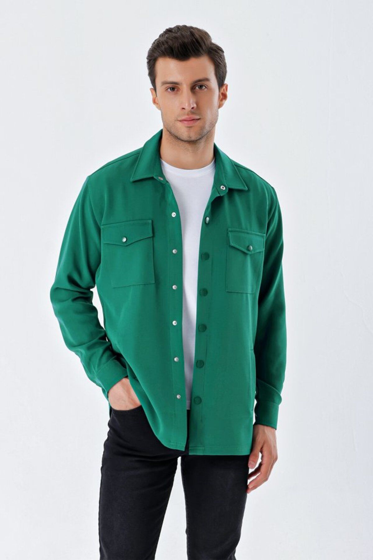 Modayakamoz 20193 Oversize Erkek Gömlek - Zümrüt Yeşili