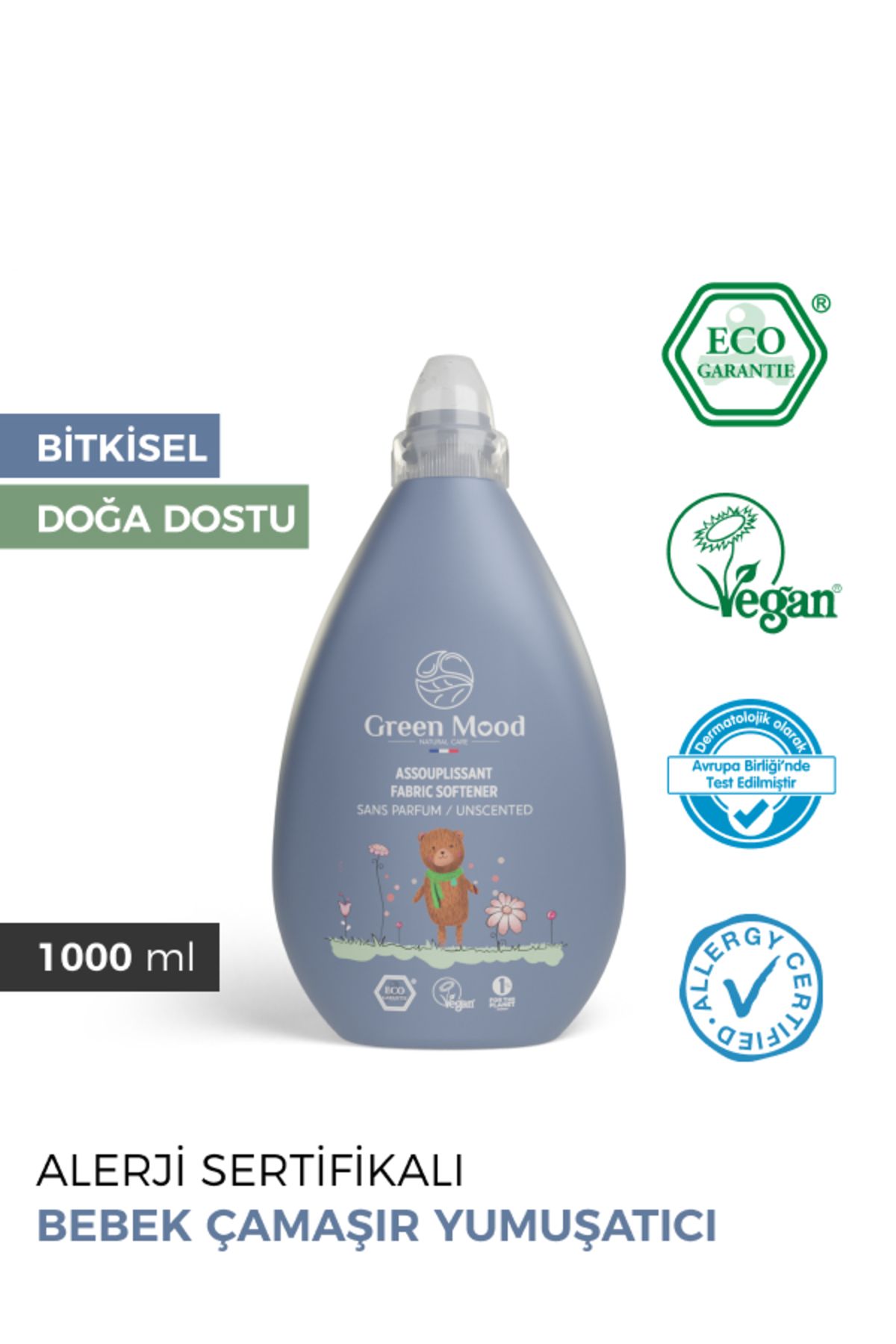 Green Mood Bitkisel Vegan Bebek Çamaşır Yumuşatıcı Parfümsüz Alerji Sertifikalı 1000 ml