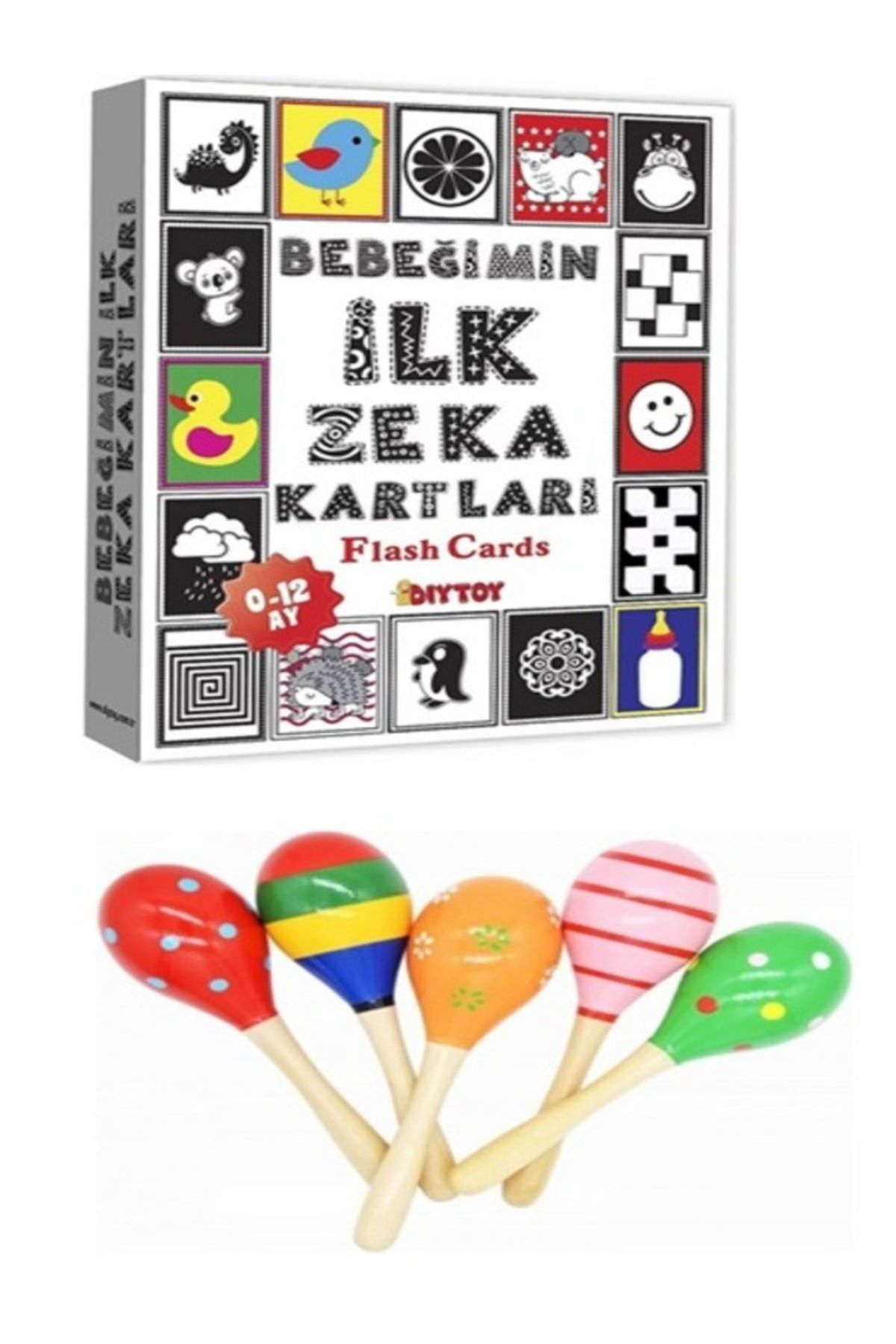 Diytoy İlk Zeka Kartları ve Ahşap Marakas 20 cm (2 Ürün bir arada)