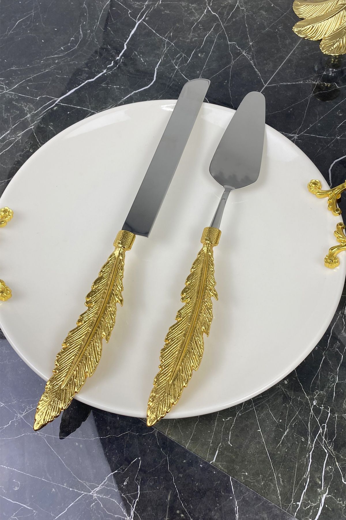 MAY HOME 2 Parça Kand Gold Spatula Bıçak Pasta Servis Seti