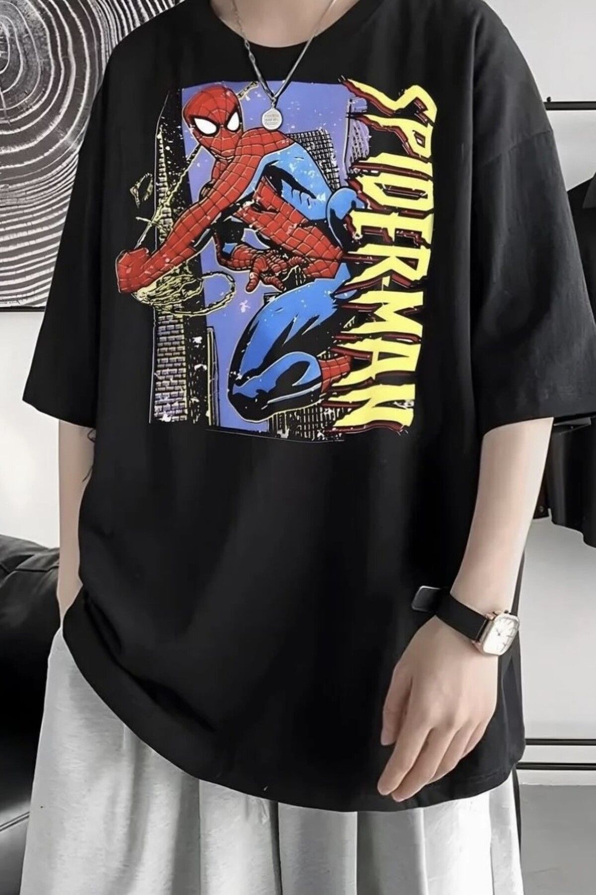Ef Butik Siyah Unisex Spiderman Karakter T-shirt