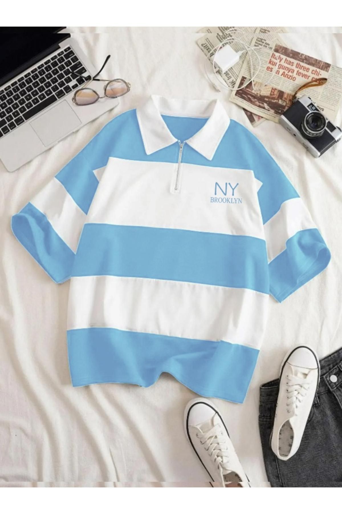 RASCHA Kadın Bebe Mavi Çizgili NY Baskılı Fermuarlı Polo Yaka Oversize T-shirt