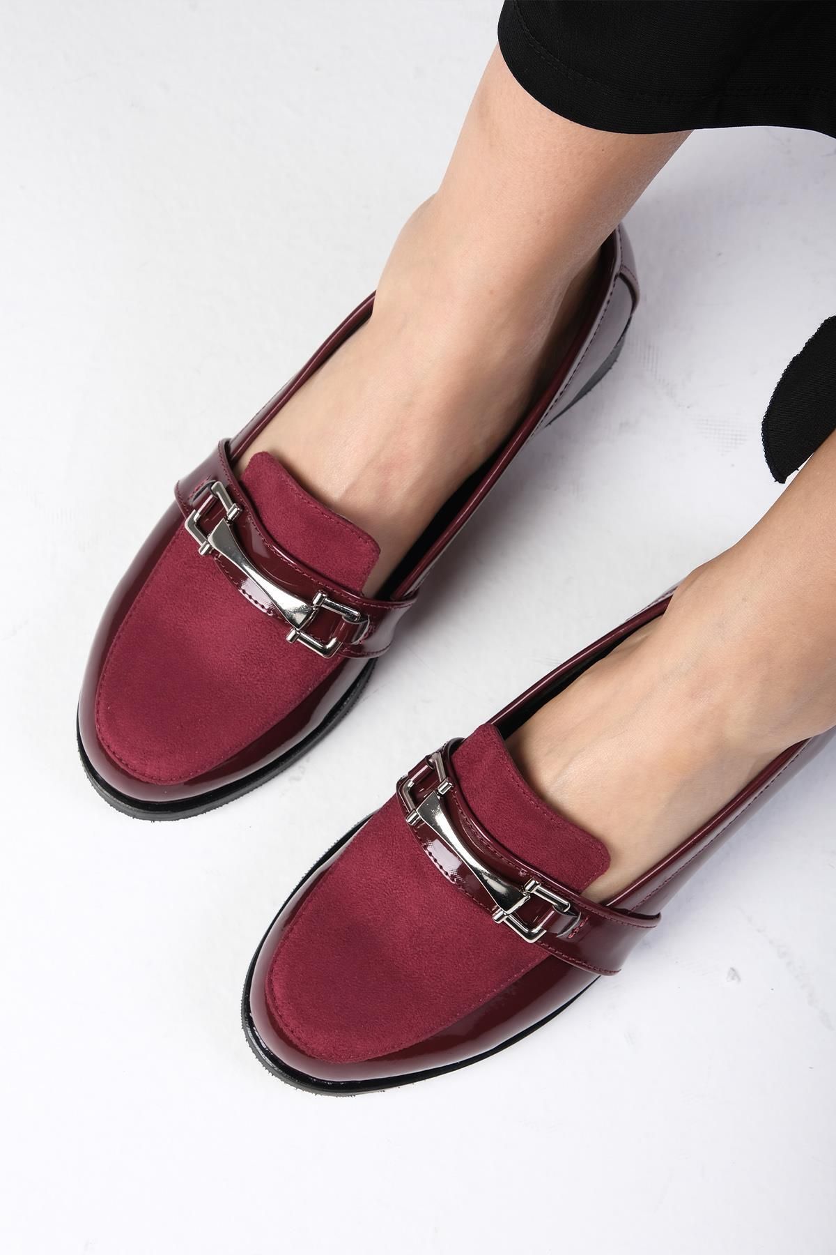 Mio Gusto Bordo Renk Rugan Ve Süet Kadın Günlük Oxford Düz Ayakkabı