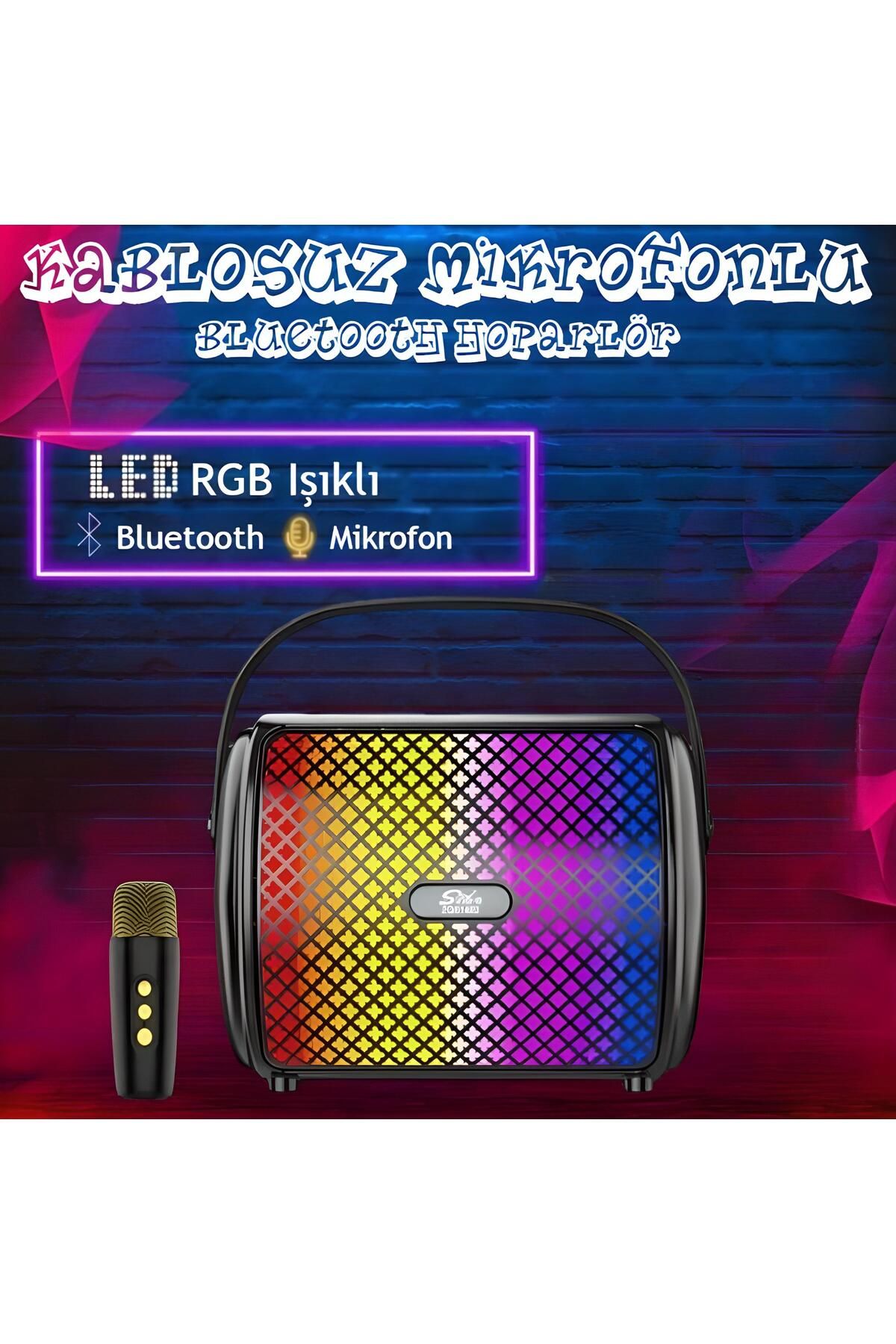 İTHALCİM Mini Kablosuz Mikrofonlu Bluetooth Hoparlör Multi-Medya Karaoke RGB LED Su Geçirmez Ses Bombası