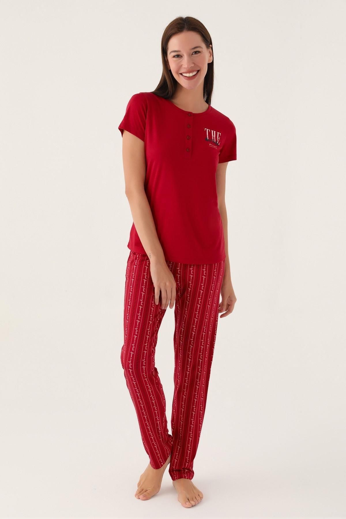 Arnetta Kadın Kısa Kol Bordo Pijama Takımı 2908