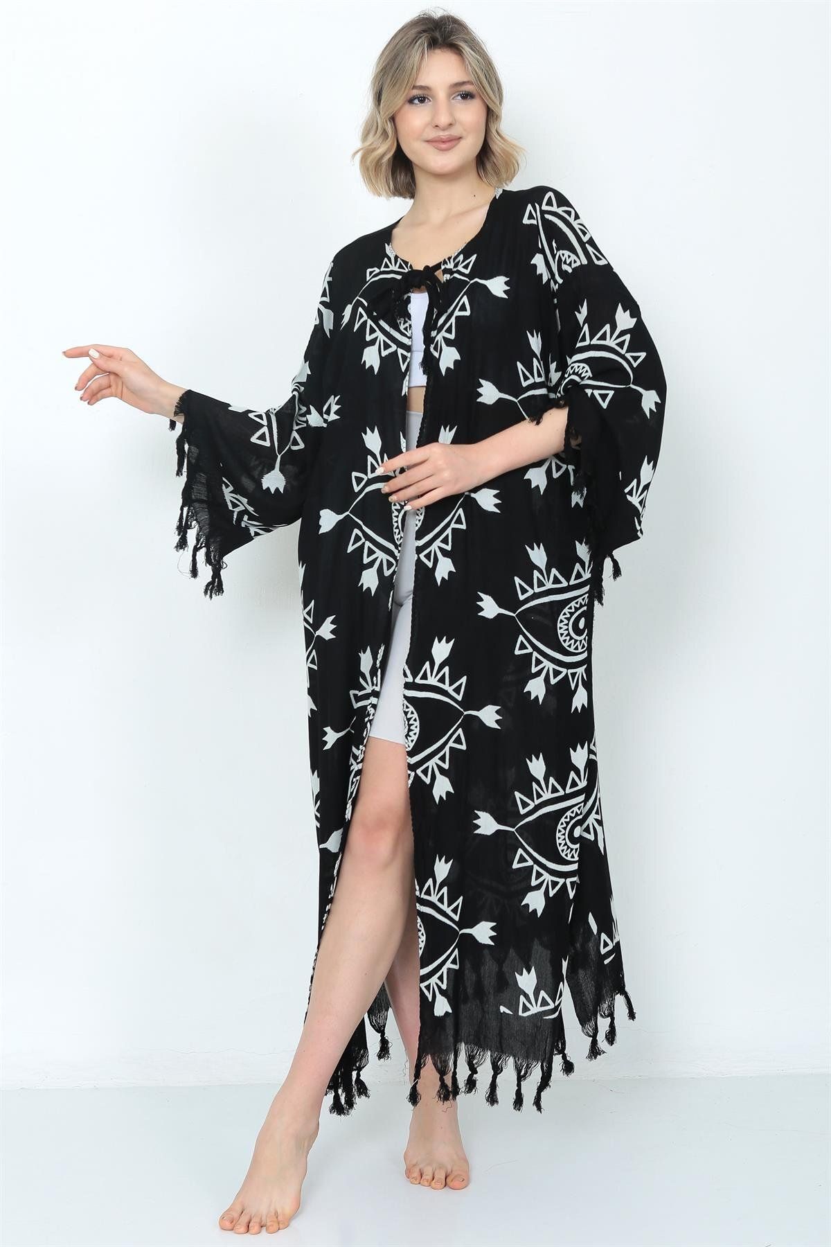 Arden Siyah Kaftan Pareo, Göz Desen Keten Pamuk Karışım Bikini & Mayo Üstü Plaj Elbisesi, Festival Kimono