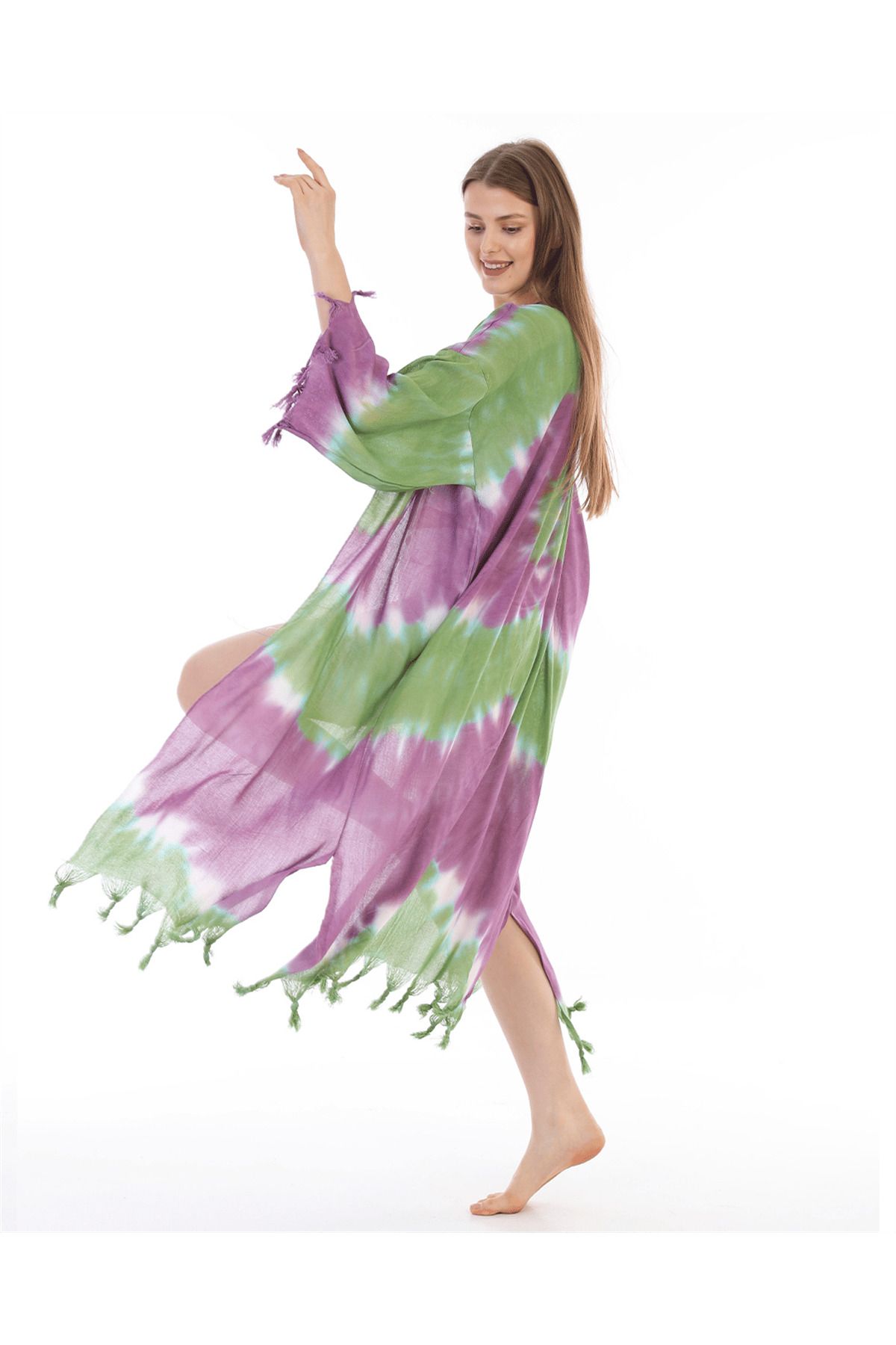 Arden Kaftan Pareo, Doğal Kumaş Batik Bikini & Mayo Üstü, Mor Ve Yeşil Plaj Elbisesi, Festival Kimono
