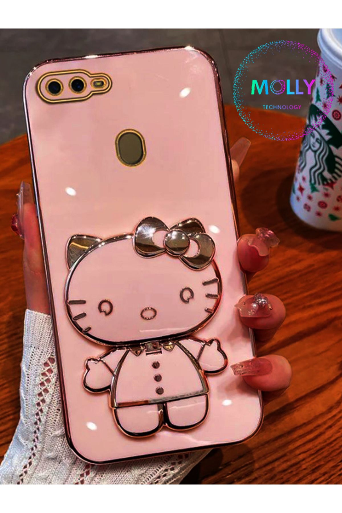 Molly Huawei P Smart 2018 İçin Rose Hello Kitty Standlı Kenarları Gold Detaylı Lüks Silikon Kılıf