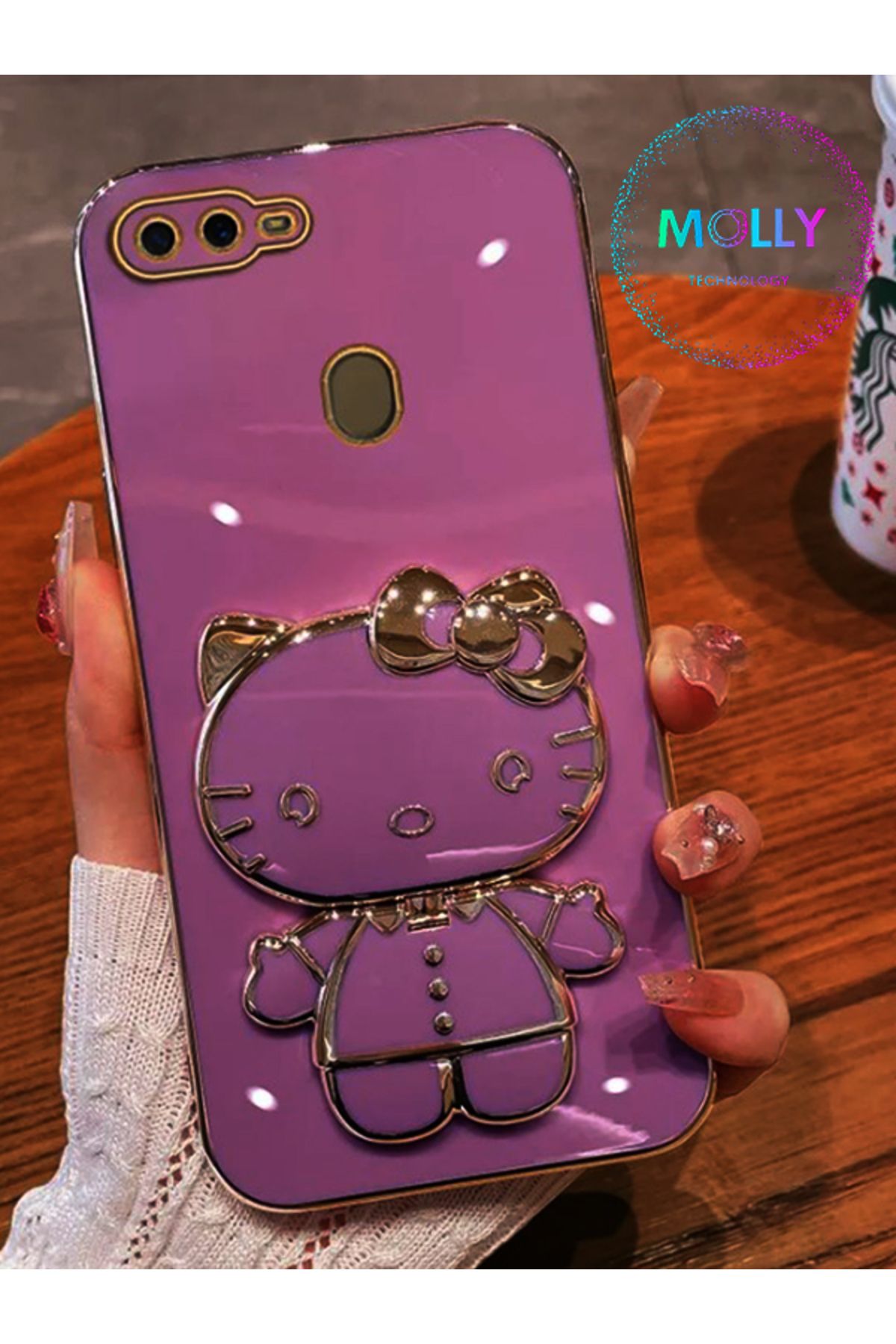 Molly Huawei P Smart 2018 İçin Lila Hello Kitty Standlı Kenarları Gold Detaylı Lüks Silikon Kılıf