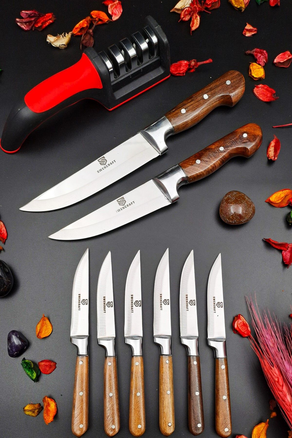 SWENCRAFT Swencraft Sürmene Mutfak Et Ekmek Kurban Sebze Meyve Bıçağı 9 Parça Çeyiz Seti Ve Bileme Aparatı