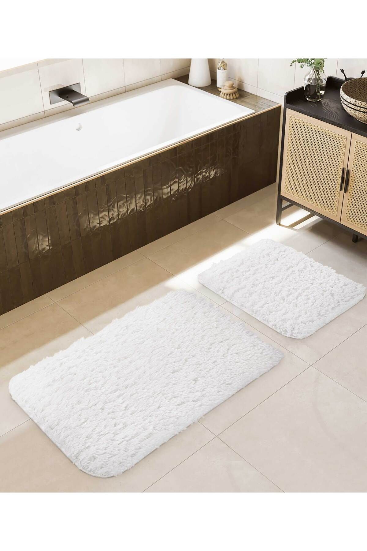 Koza Home Douro Shaggy 2li Banyo Paspası Beyaz Kaydırmaz Taban 60 X 100 - 50 X 60