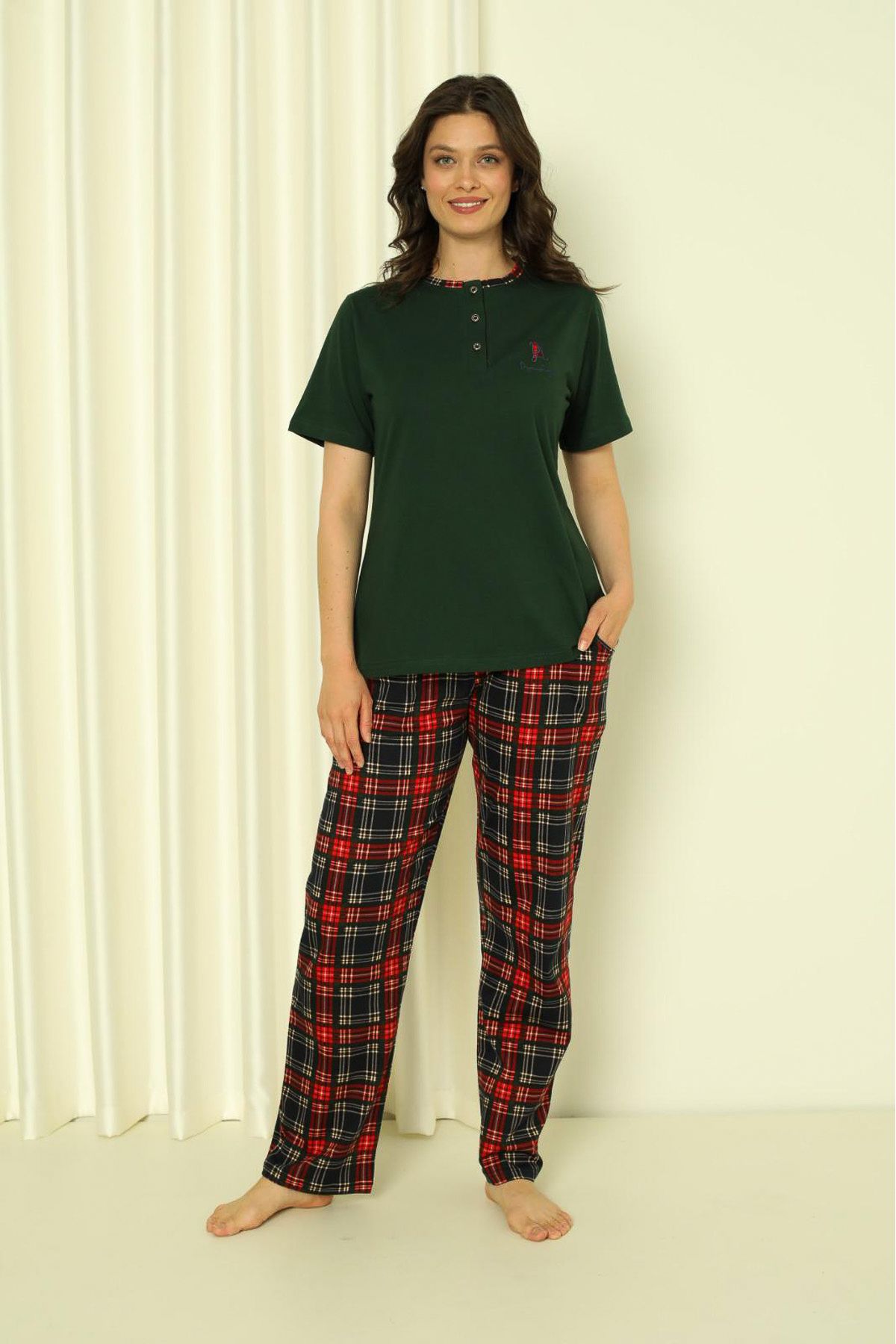 AHENGİM Kadın Pijama Takımı Kısa Kol Altı Küçük Ekoseli Pamuklu Mevsimlik W20312300
