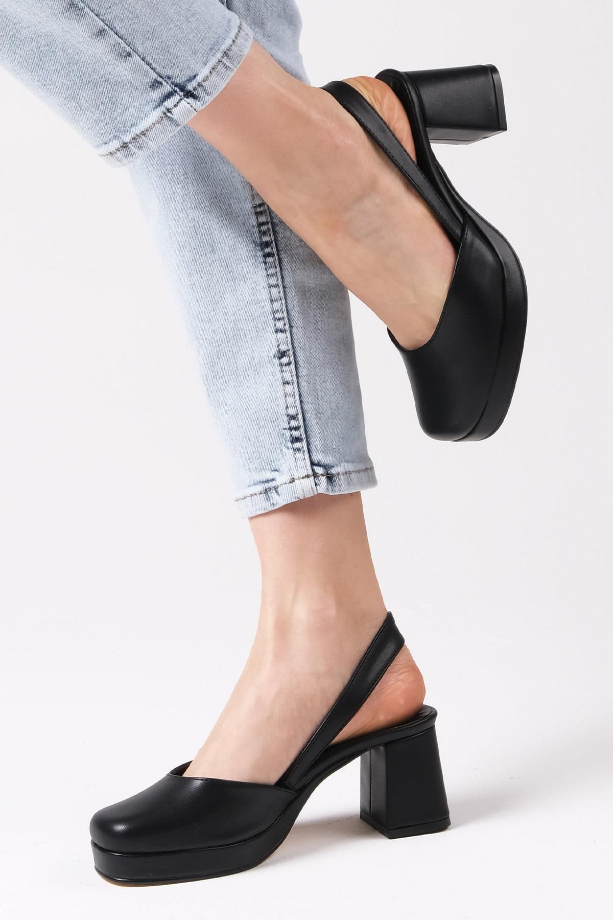 Mio Gusto Evita Siyah Renk Arkası Açık Platformlu Kadın Topuklu Ayakkabı