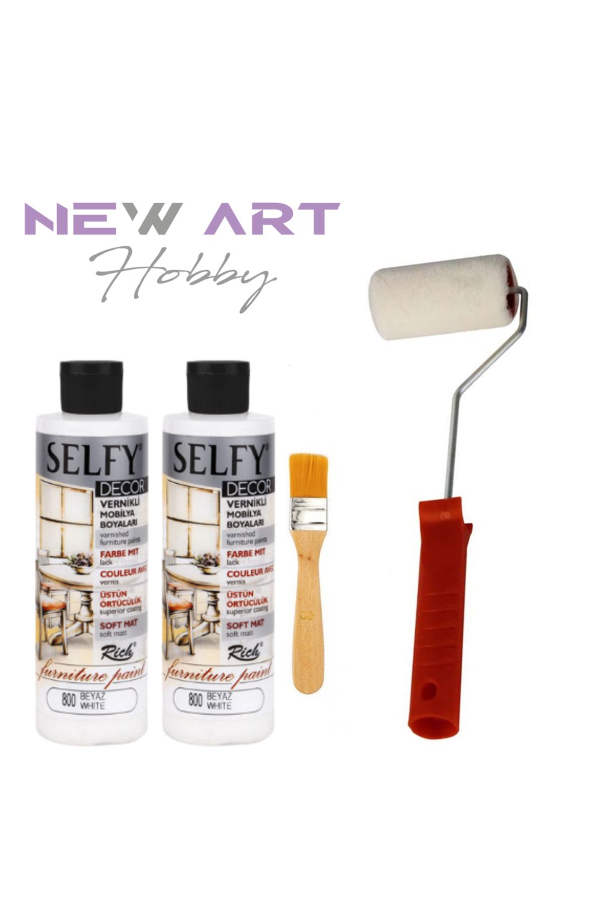 New Art Hobby Selfy Decor Kendinden Vernikli Mobilya Boyama Seti 240 Cc Beyaz x2 + Maxi İpek Rulo + Fırça