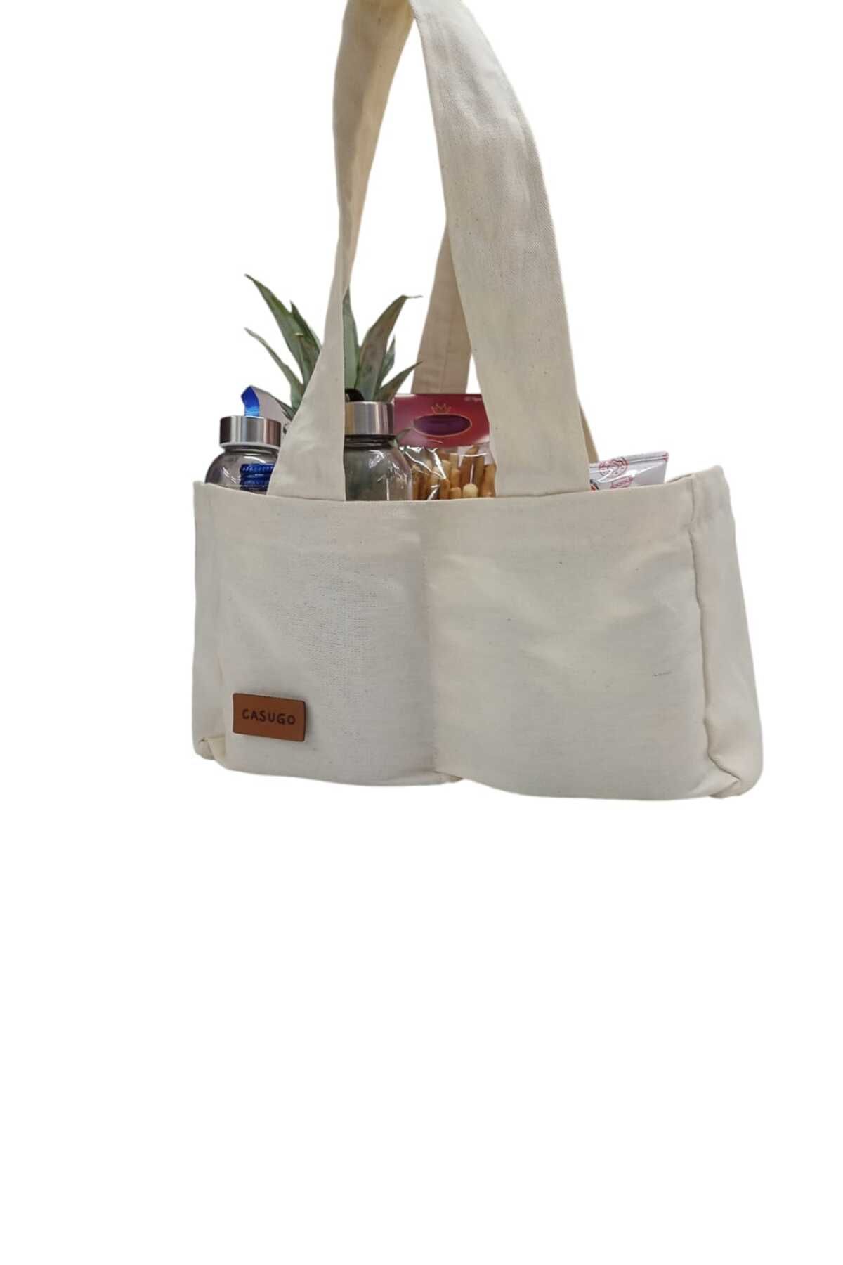 CASUGO Bölmeli Bez Alışveriş Çantası ,Bölmeli Pazar Piknik Çantası ,Çok amaçlı bölmeli çanta - EKRU - Small