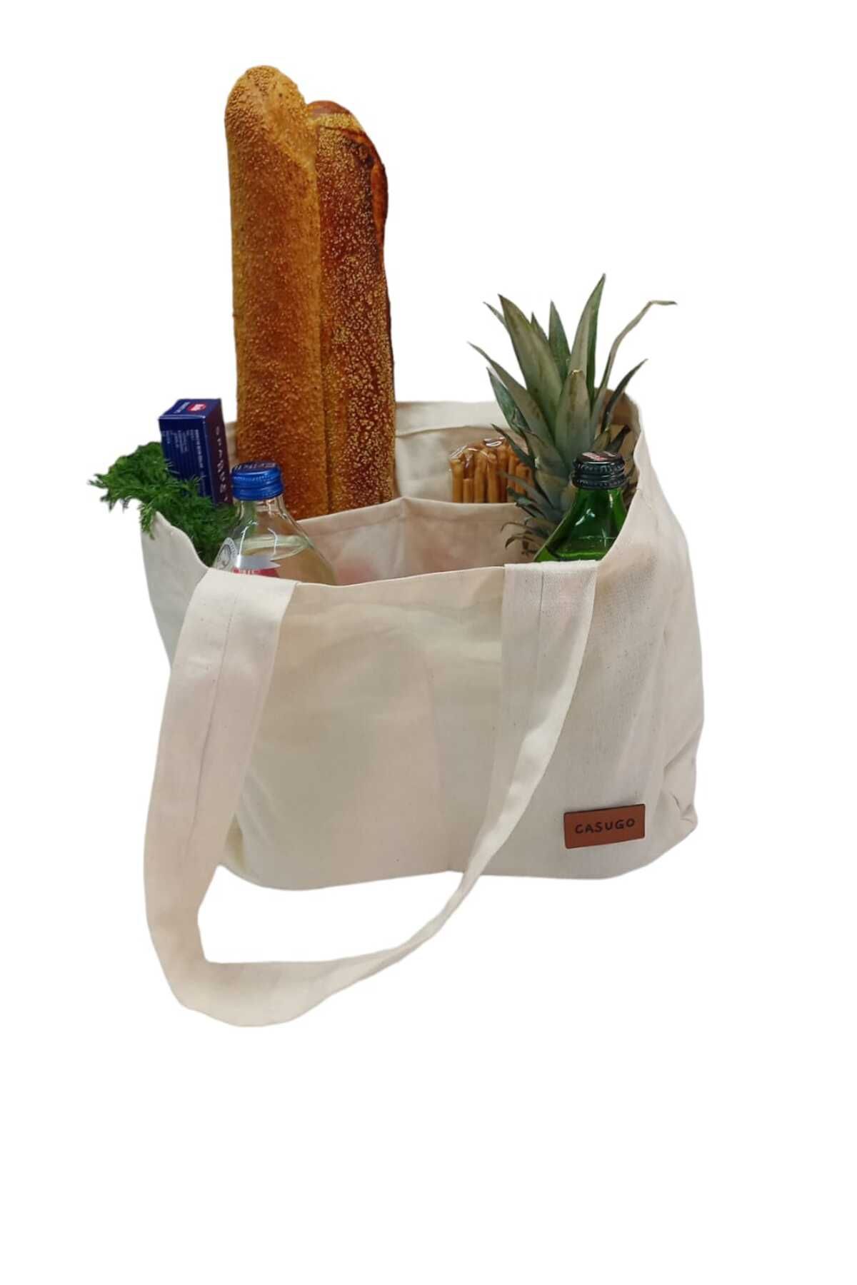 CASUGO Bölmeli Bez Alışveriş Çantası ,Bölmeli Pazar Piknik Çantası ,Çok amaçlı bölmeli çanta- EKRU - Medium