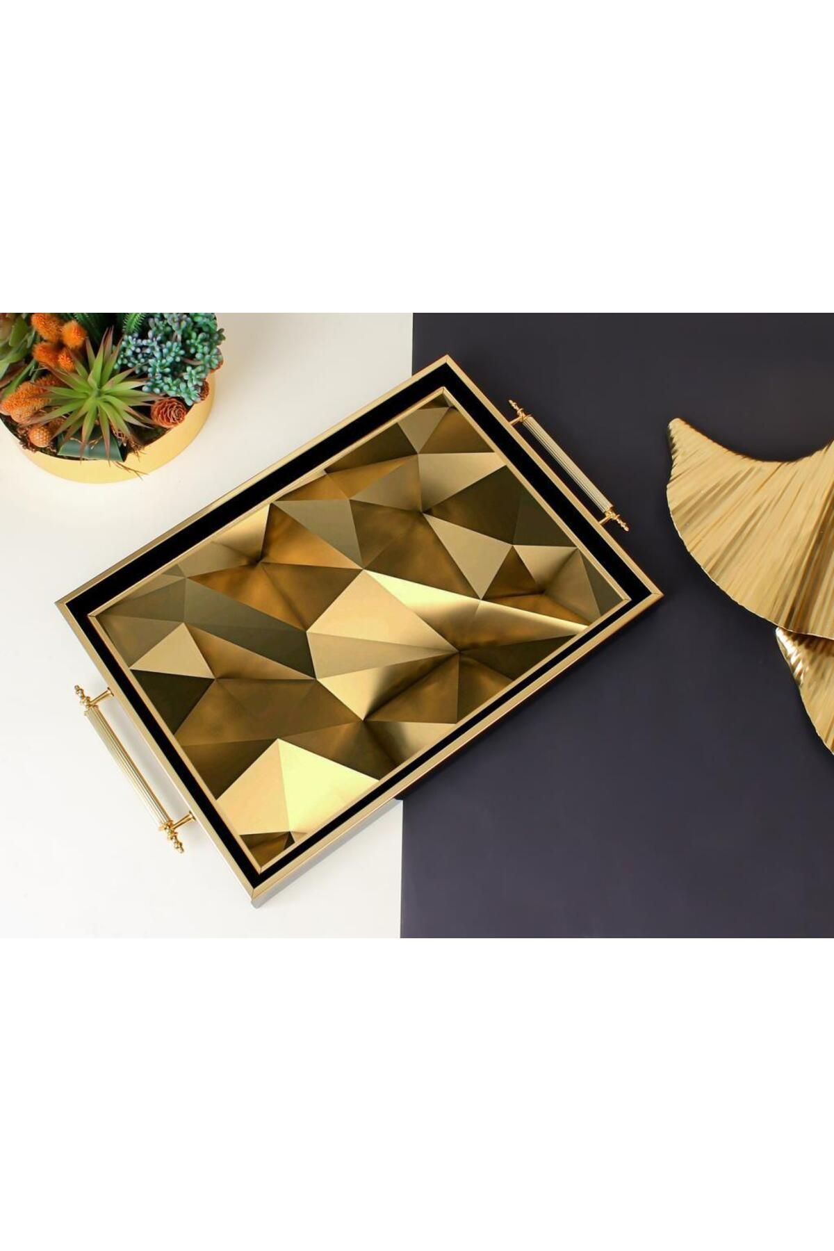 Sembol 50x31cm Kulplu Siyah Gold Piramit Desen Ahşap/cam Tepsi S-1024
