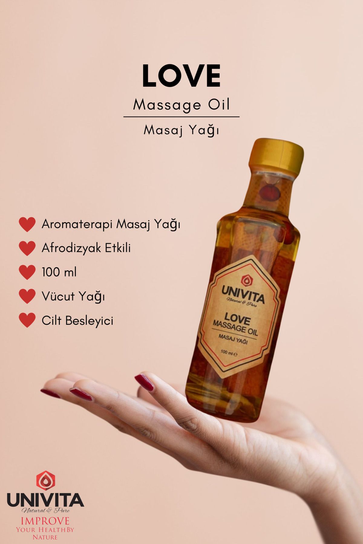 Univita Love Afrodizyak Aromaterapi Masaj Yağı Cilt Besleyici Nemlendirici Bitkisel Vücut Body Oil 100 ml