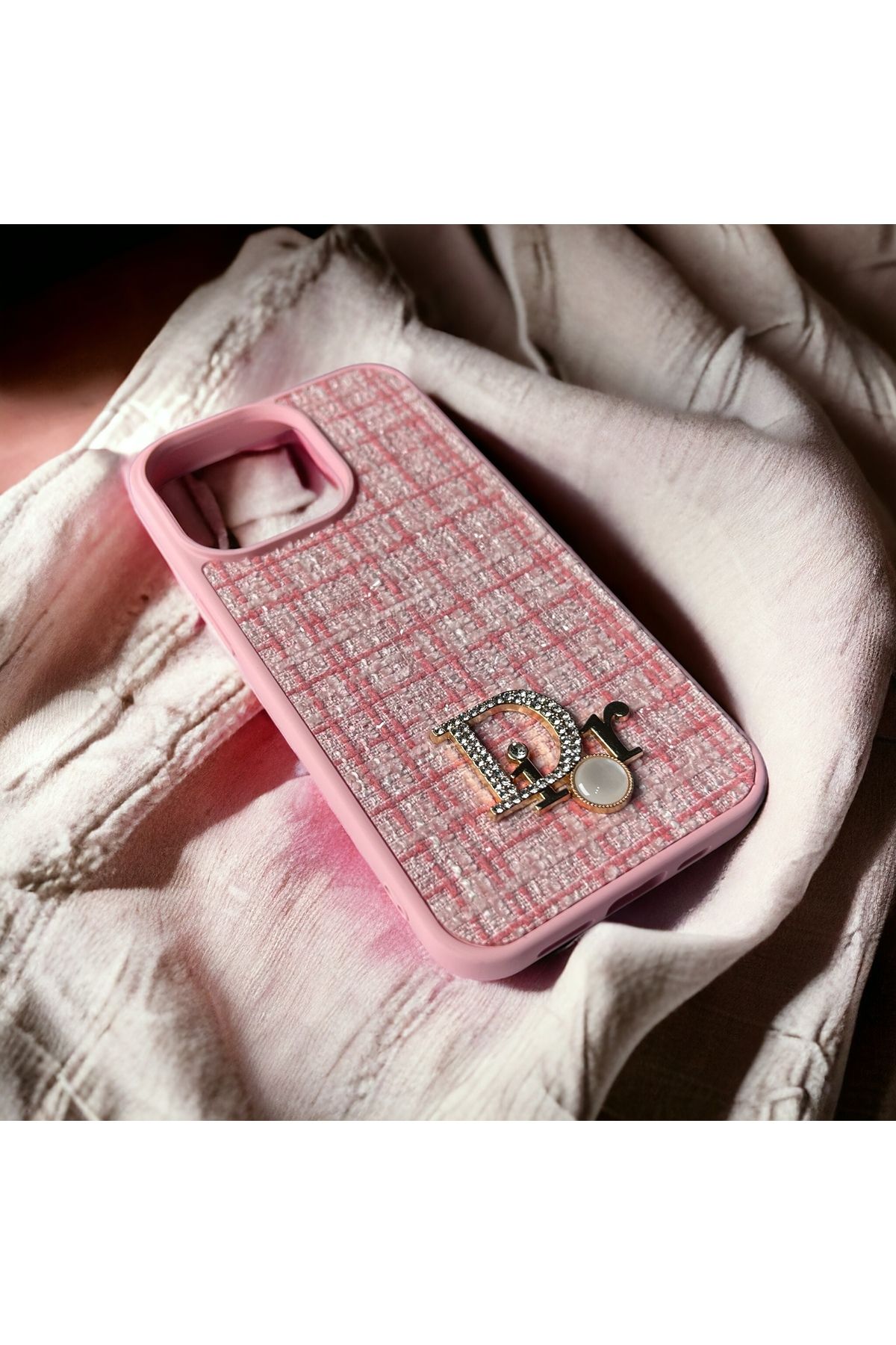 ULK Tech iPhone 15 Pro Uyumlu Taşlı Figürlü Kumaş Doku Kılıf