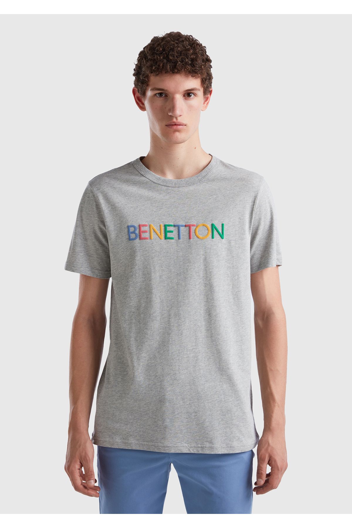 United Colors of Benetton Erkek Gri Melanj Logo Baskılı Organik Pamuklu Tshirt