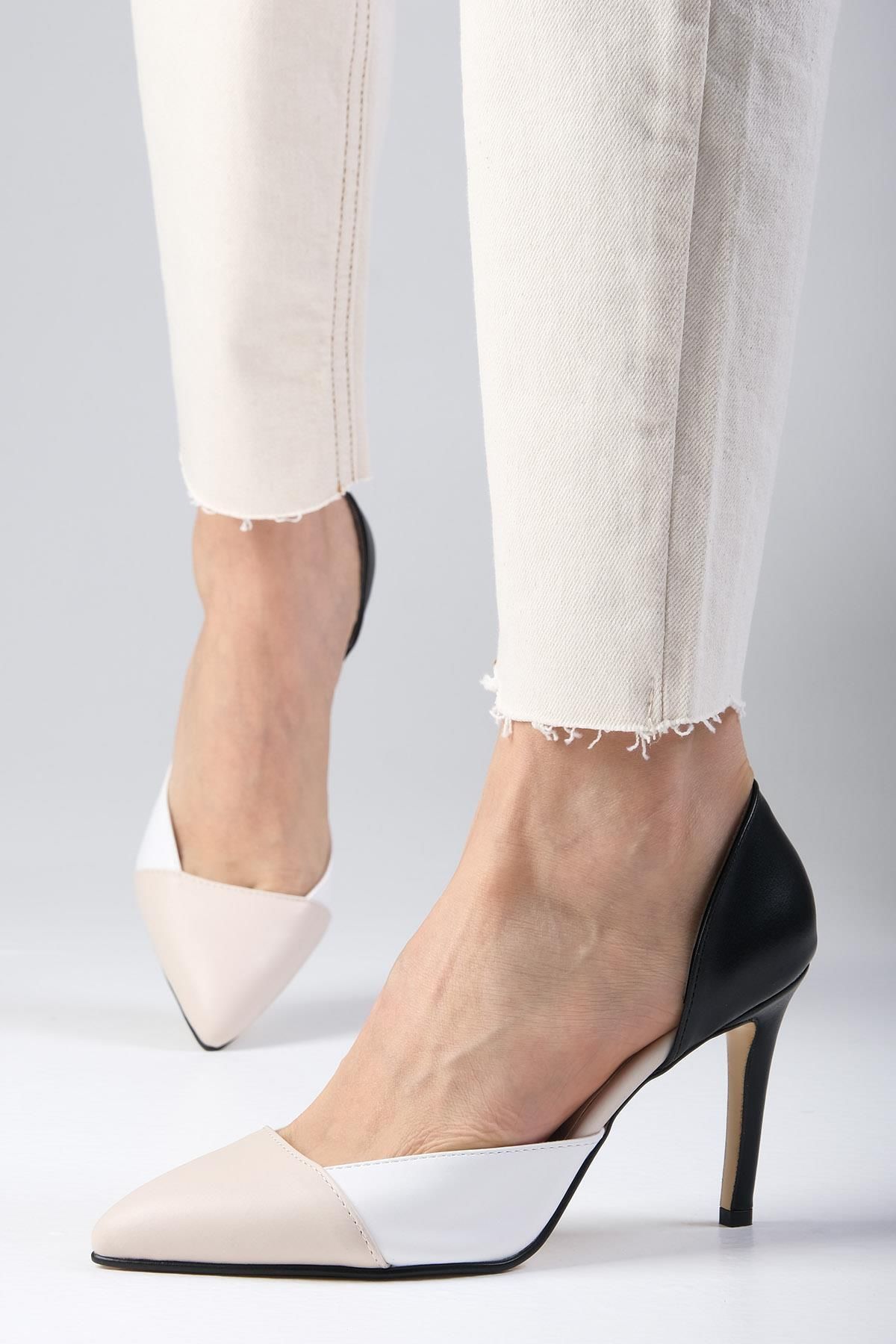 Mio Gusto Brien Ten Rengi, Beyaz Ve Siyah Renk Kombinasyonlu Kadın Stiletto Topuklu Ayakkabı