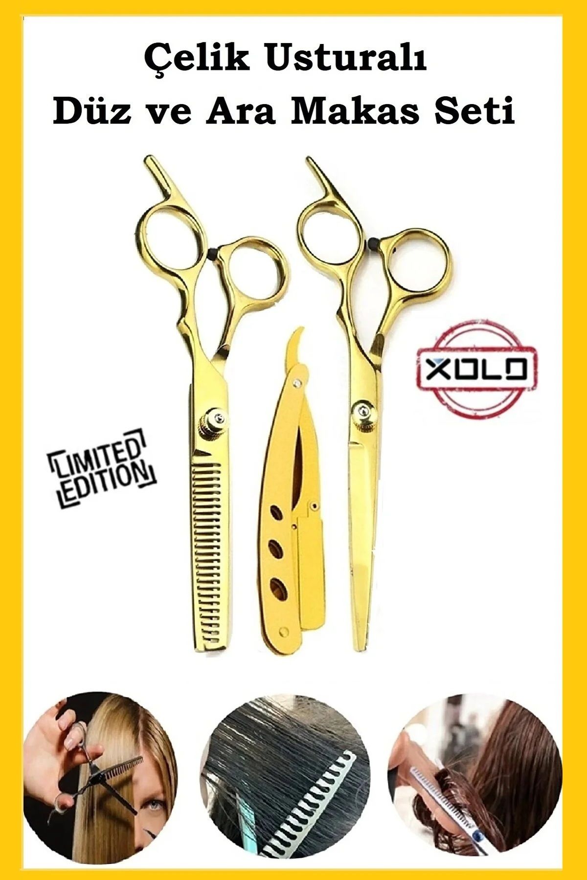 Xolo Çelik Altın Usturalı 6.5 inç Profesyonel Berber Kuaför Saç Kesim Ara ve Düz Makas Ustura Seti Xlq584