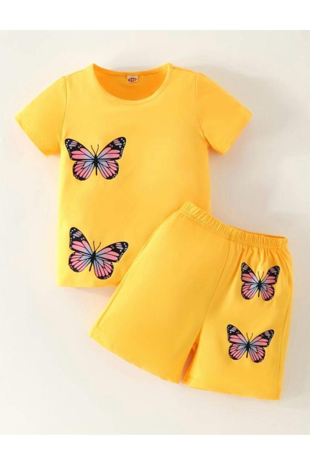 Renna Mood Pembe kelebek  Baskılı Kız Çocuk Şort T-Shirt Takım