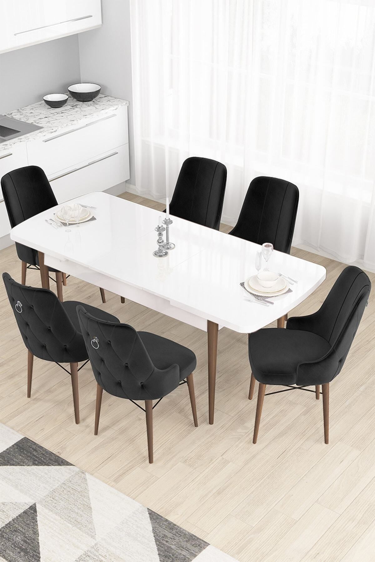 Canisa Concept Taç Serisi, 80x132 Beyaz Masa Ceviz Ayak Yemek Masası Takımı, 6 Siyah Sandalye Gümüş Halkalı