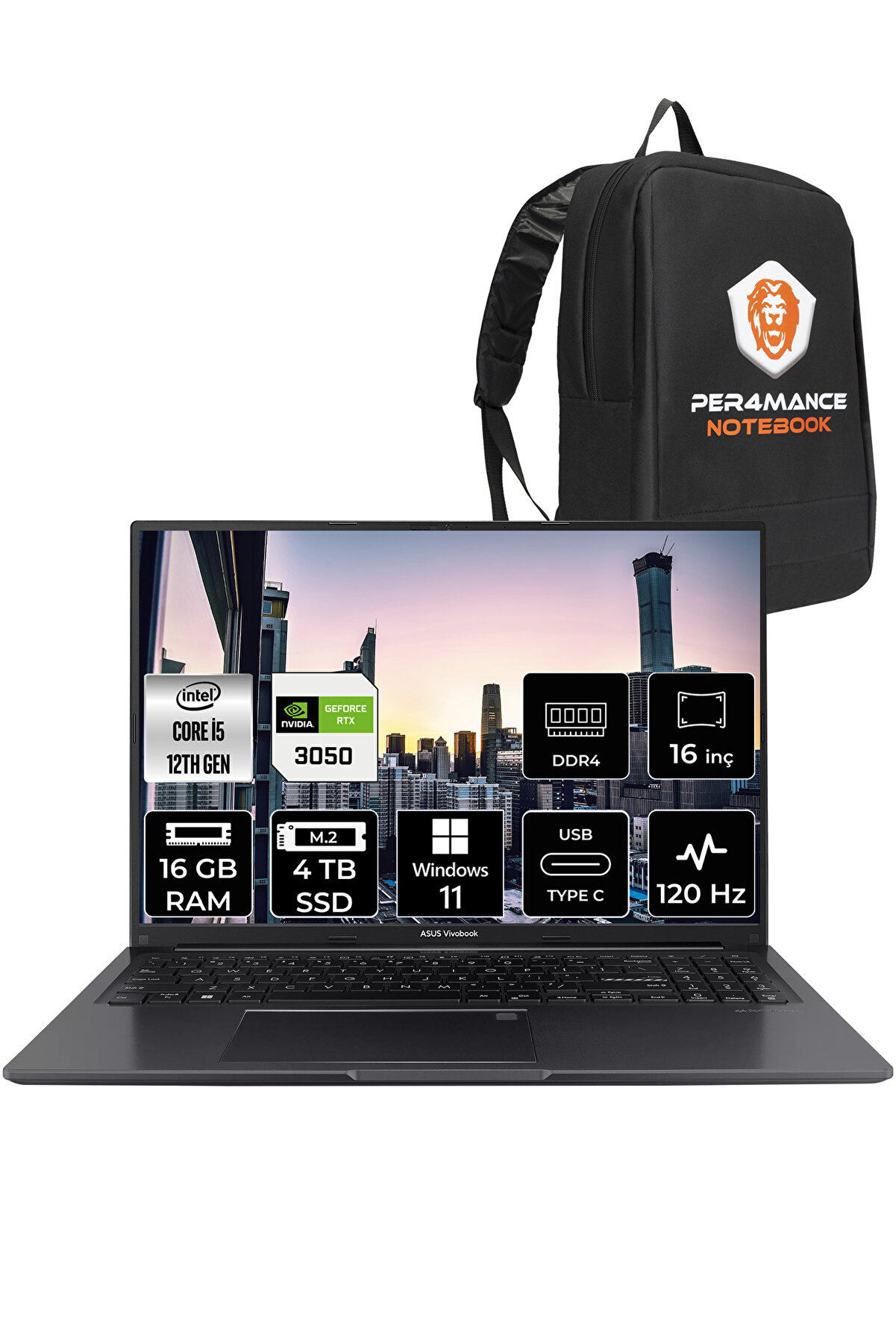 Vivobook 16X K3605ZC i5 12450H 16GB 4TB SSD RTX3050 16'' FHD W11PRO N1013W _123 PER4 ÇANTA