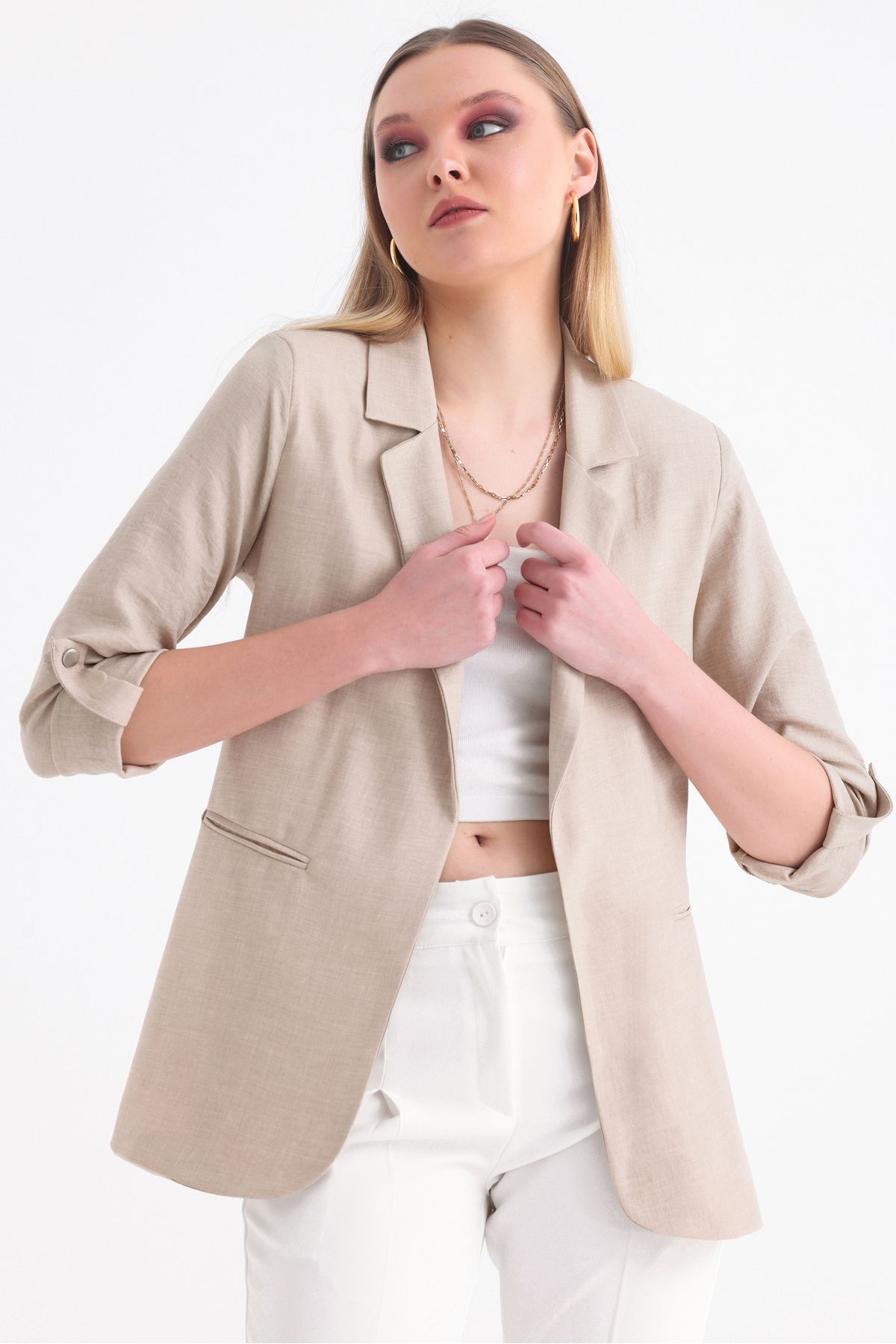 MD trend Kadın Kolu Katlanabilir Astarlı Kruvaze Blazer Keten Ceket