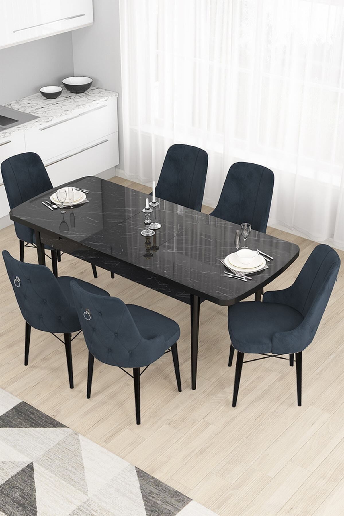 Canisa Concept Taç Serisi, 80x132 Siyah Mermer Desen Yemek Masası Takımı, 6 Antrasit Sandalye Gümüş Halkalı