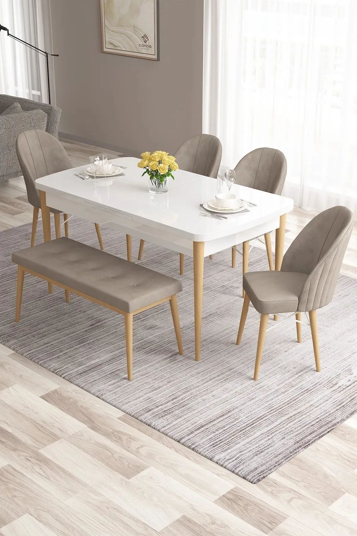 Canisa Roz Serisi,80x132 MDF Açılabilir Barok Ahşap Mutfak Masası Takımı 6 Cappucino Sandalye Gold Halka