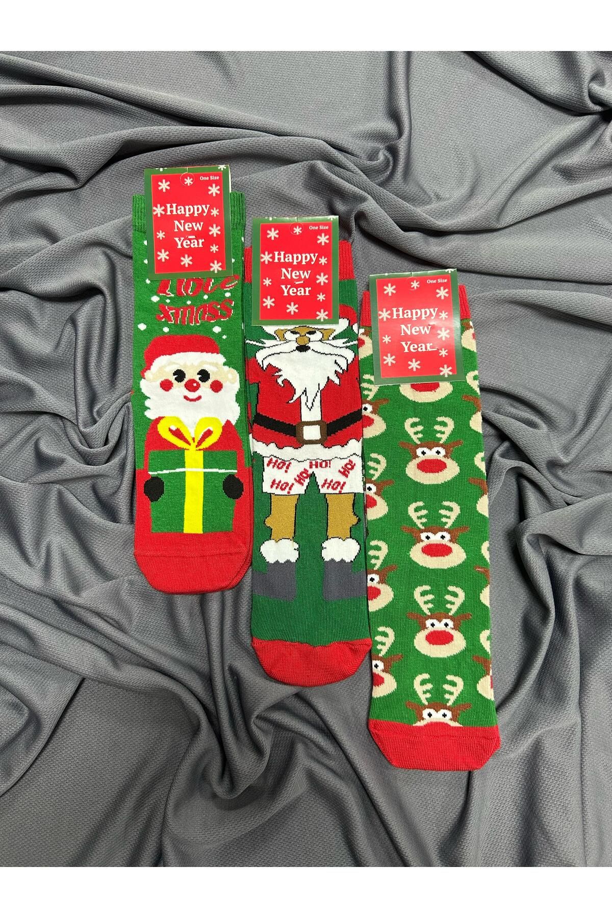 KRC & GLOBAL TEKSTİL Yılbaşı - Noel - Christmas Temalı Unisex Çorapları 3'lü
