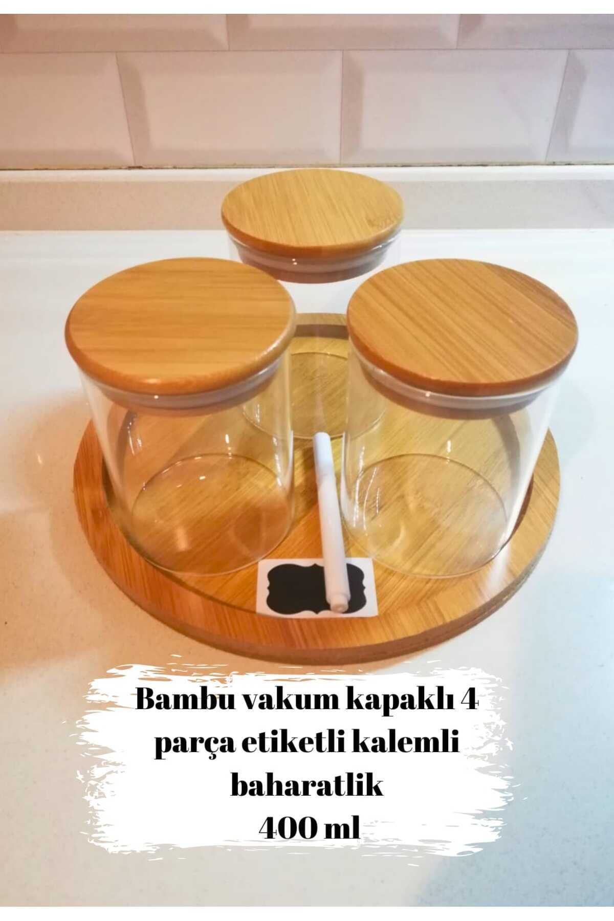 BRE HOME 4 Parça Tezgah Üstü Bambu Kapaklı Standlı Kavanoz Seti - 400 ml - Çay Şeker Kahve Kavanozu