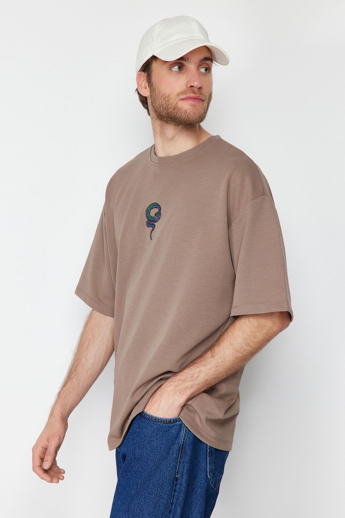 TRENDYOL MAN Limited Edition Vizon  Oversize Yılan Nakışlı Kalın Premium T-Shirt TMNSS24TS00018