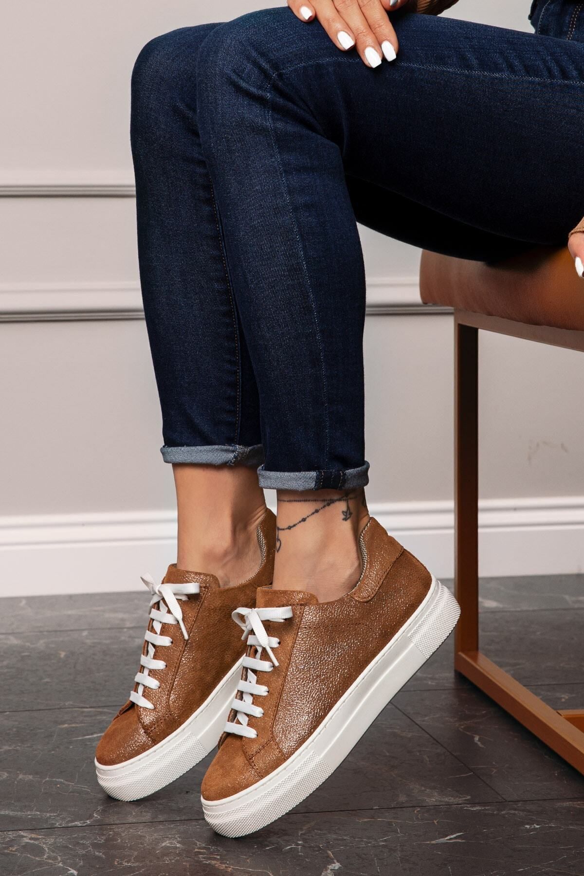 Deery Hakiki Süet Taba Rengi Simli Sneaker Kadın Ayakkabı