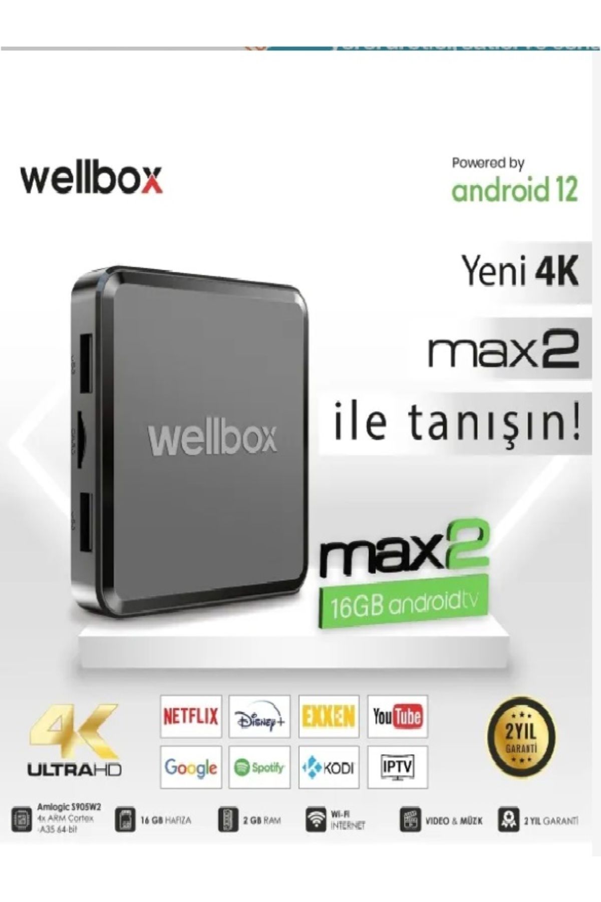 wellbox 4K Uydu Alıcısı Android Tv Box, Tvbox Media Player, 12 Max2 model, 2gb Ram 16gb Hafıza Android 12