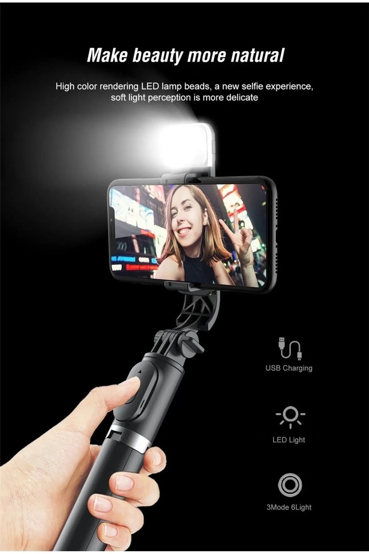 post alley Led Işıklı Selfie Çubuğu Bluetooth Kumandalı Kablosuz Tripot Selfie Monopod Selfie Stick
