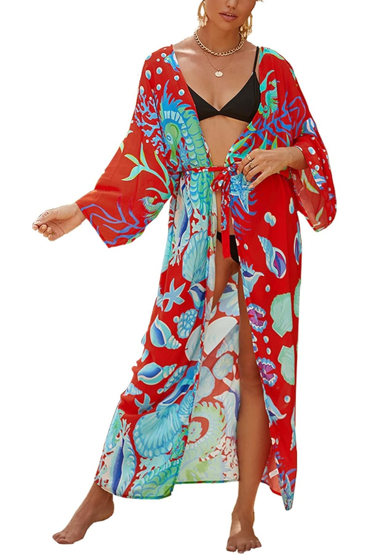 JDiction Kadın Mayo Örtüsü, Kimono, Uzun Plaj Elbisesi, Bikini için Çiçekli Dantel, Plaj Giyim