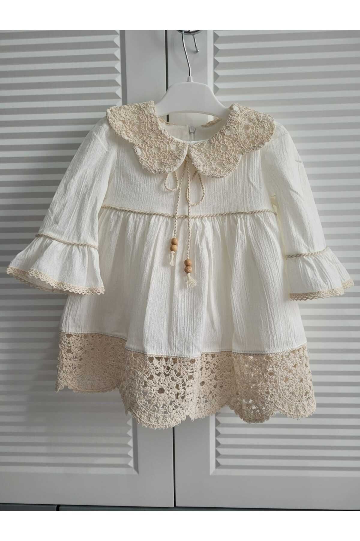Mymio Incibaby Kız Bebek Naturel Keten Mevsimlik Boncuklu Elbise