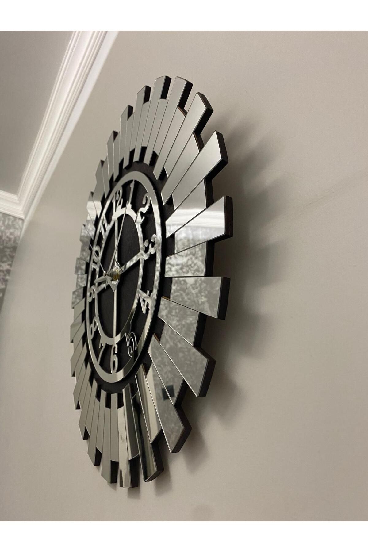 Tuba Design Gümüş Asil Dekoratif Duvar Saati Türkçe Rakamlı Çift Kat Siyah Mdf Üzeri Gümüş Aynalı Pleksili Saat