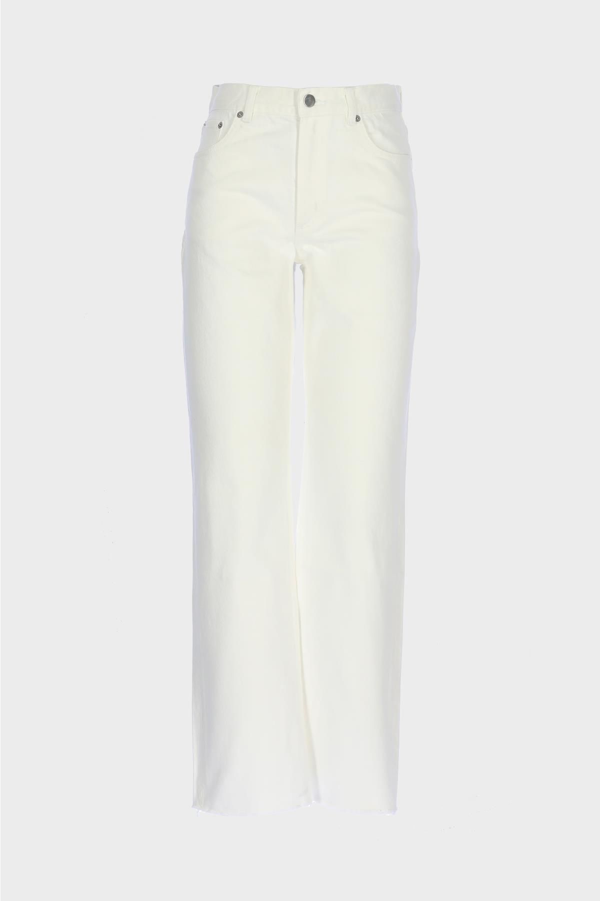 CROSS JEANS Cropped Beyaz Yüksek Bel Patı Fermuarlı Straight Fit Jean Pantolon C 4518-105